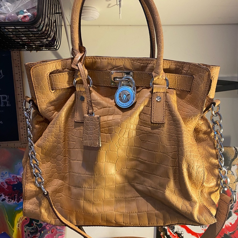 Michael Kors Hamilton Croc-Embossed Tan Handbag